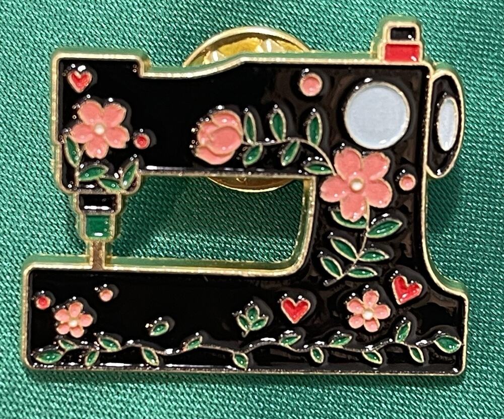 NWOT Antique Sewing Machine Lapel Pin Brooch Black Enamel Floral Flowers
